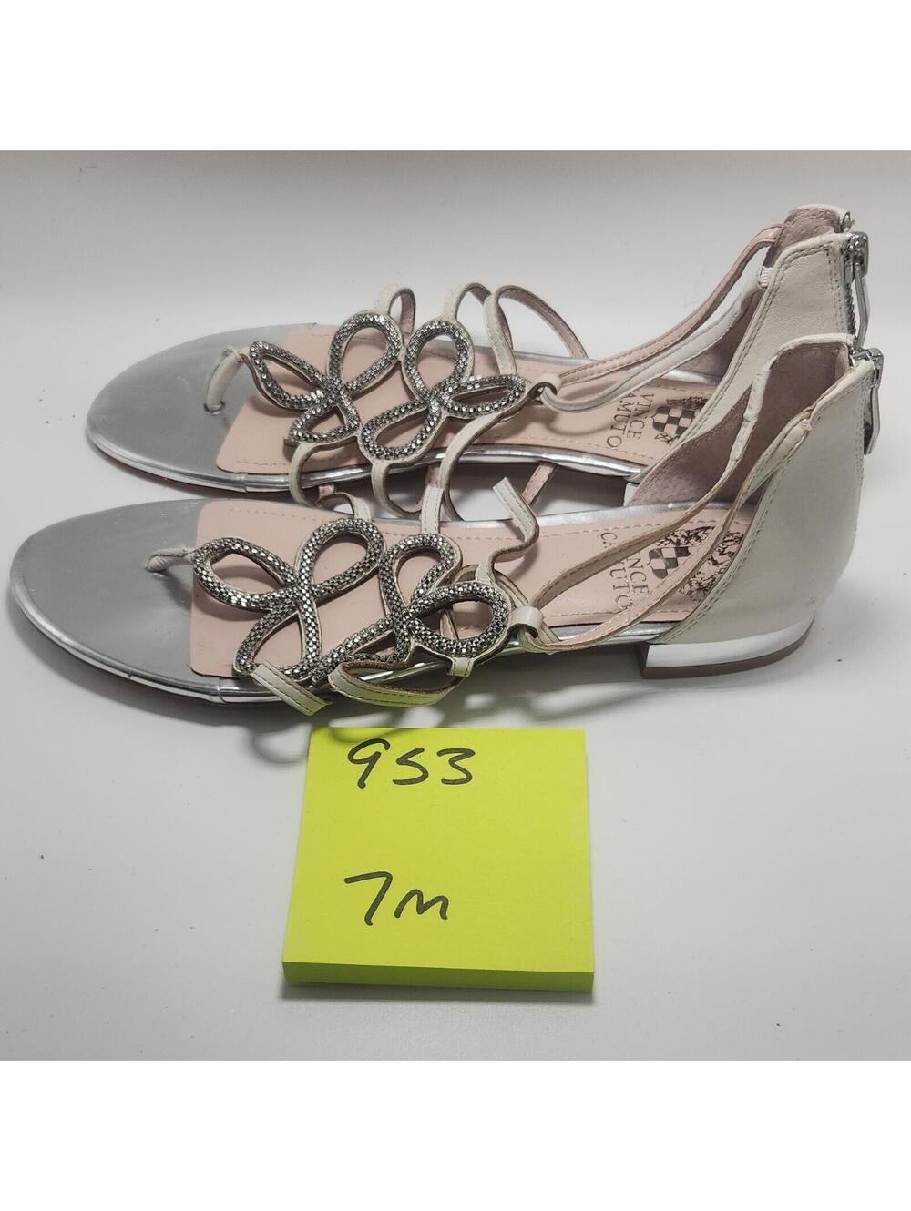 Vince Camuto Women's Silver Strappy Flat Sandals Leather Beaded Zipper 7 M - Picture 3 of 5